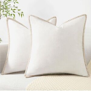 Elegant White Throw Pillows with Tan Trim